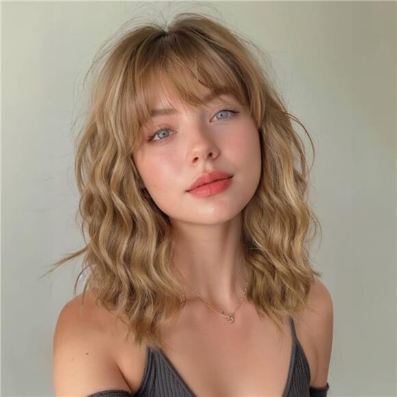 Short Brown Wavy Wig with Bangs for women Light Brown Curly wig Shouder Length